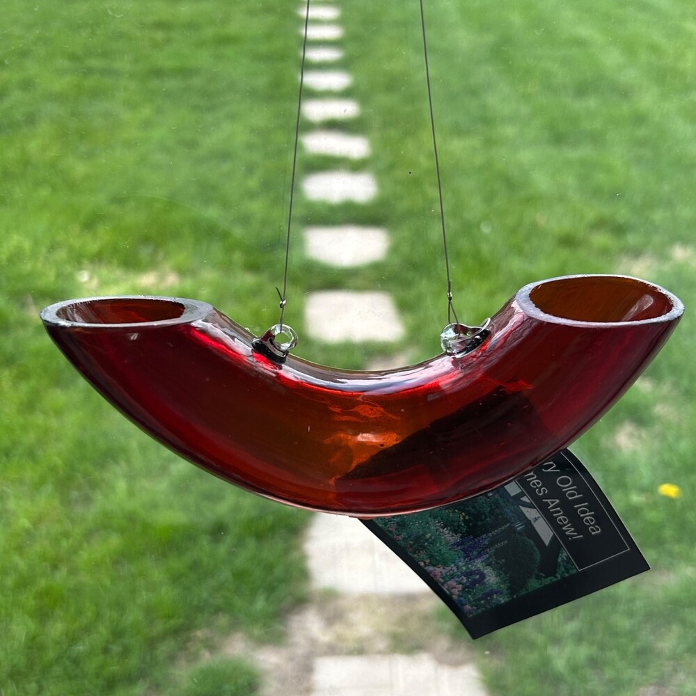 Handmade Red Glass Hummingbird Bird Feeder Original Unique Shape Round Tube